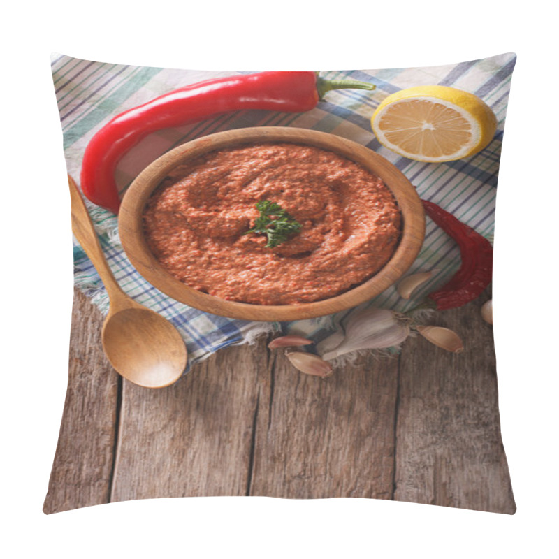 Personality  Red Muhammara And Ingredients. Vertical Top View Pillow Covers