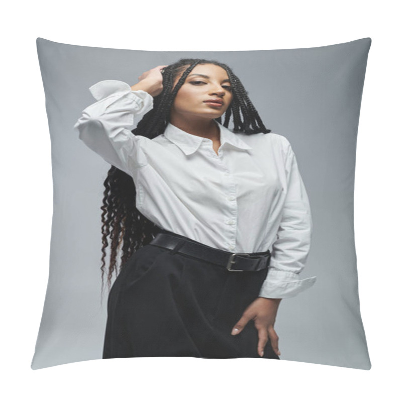 Personality  A Young Woman Poses In A White Button-down Shirt Against A Grey Background. Pillow Covers