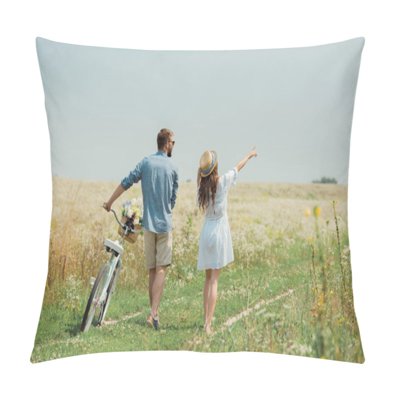 Personality  Back View Of Couple With Retro Bicycle In Summer Field With Wild Flowers Pillow Covers