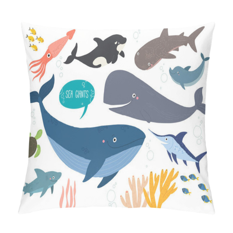 Personality  Cute Sea Animals Set. Underwater Animal Creatures. Squid, Orca, Whale, Shark, Dolphin, Swordfish And Ocean Turtle. Undersea World. Cartoon Vector Illustration Isolated On White. Flat Style. Pillow Covers