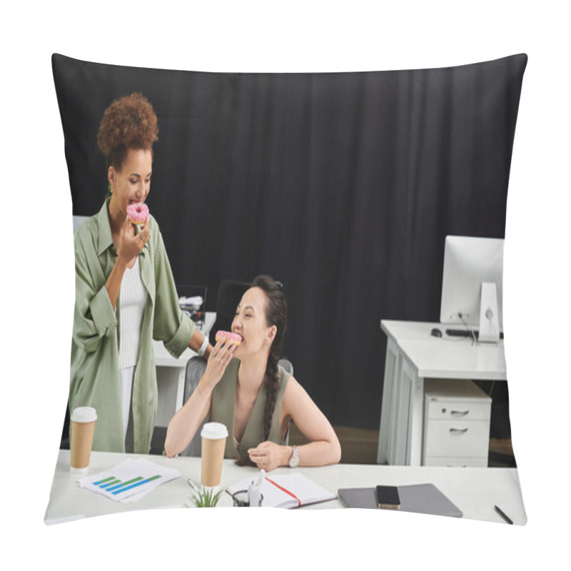 Personality  Two Sophisticated Women In An Office Share Laughs While Enjoying Coffee And Donuts Together. Pillow Covers