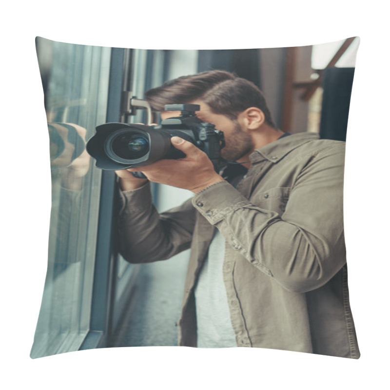 Personality  Photographer With Camera At Window Pillow Covers