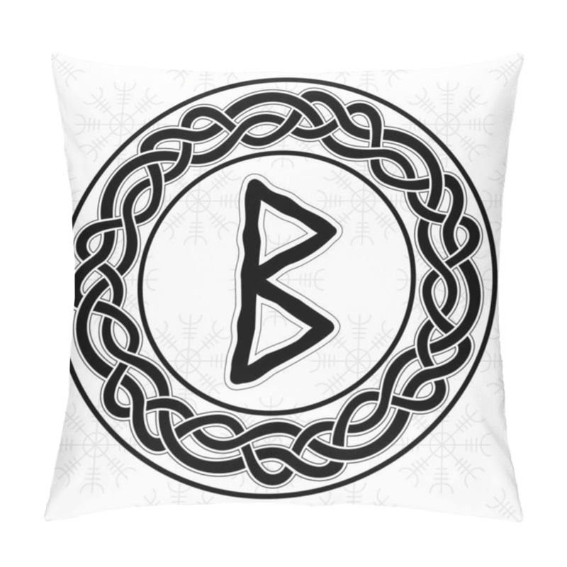 Personality  Rune Berkana In A Circle - An Ancient Scandinavian Symbol Or Sign, Amulet. Viking Writing. Hand Drawn Outline Vector Illustration For Websites, Games, Print And Engraving. Pillow Covers