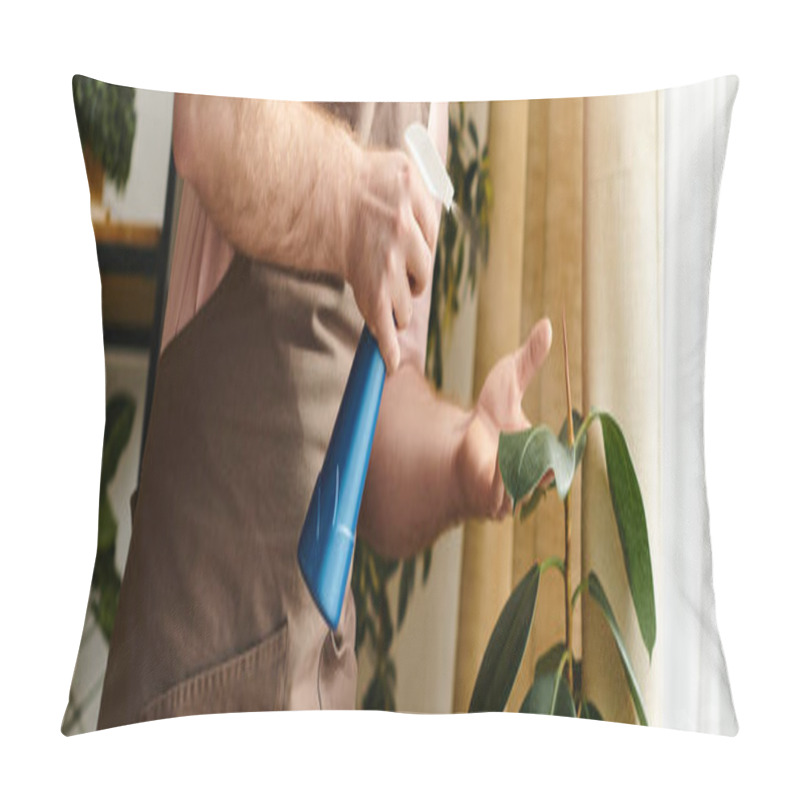 Personality  A Man Holding A Vibrant Blue Flower And A Delicate Blue Vase In A Plant Shop Setting. Pillow Covers