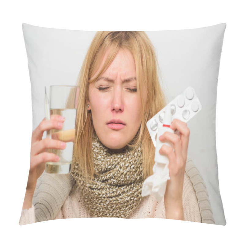 Personality  Getting Fast Relief. Ways To Feel Better Fast. Headache And Flu Remedies. Get Rid Of Flu. Woman Wear Warm Scarf Because Illness Or Flu. Girl Hold Glass Water Tablets And Thermometer Nasal Drops Pillow Covers