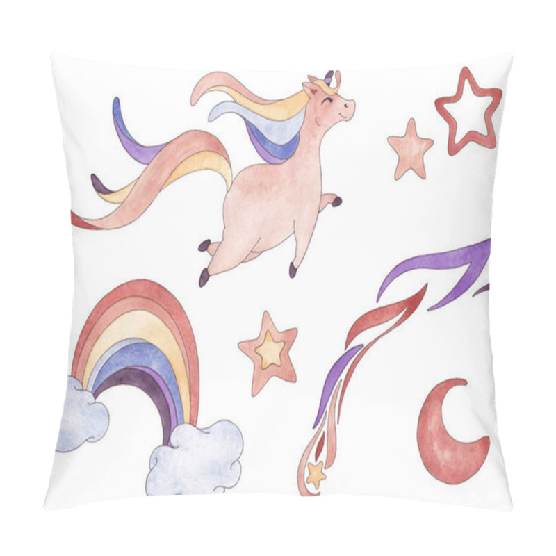 Personality  Watercolor Illustrations Of A Set Of Flying Unicorn, Rainbow Between Clouds, Shooting Star, Stars And Moon In Blue, Purple, Teracotta, Cream Colors Isolated On White Background Pillow Covers