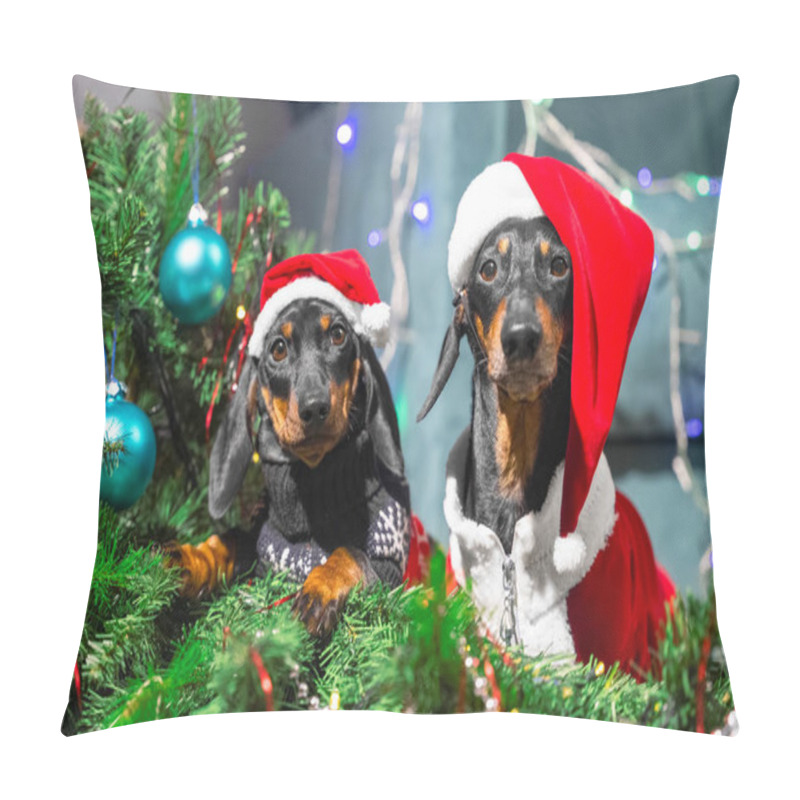 Personality  Portrait Of Two Cute Black And Tan Dachshunds, Adult And Puppy, Both Wearing Santa Claus Hats And Winter Clothes, Sitting Close To Pretty Decorated Christmas Tree. Concept Of Happy Holiday With Pets Pillow Covers