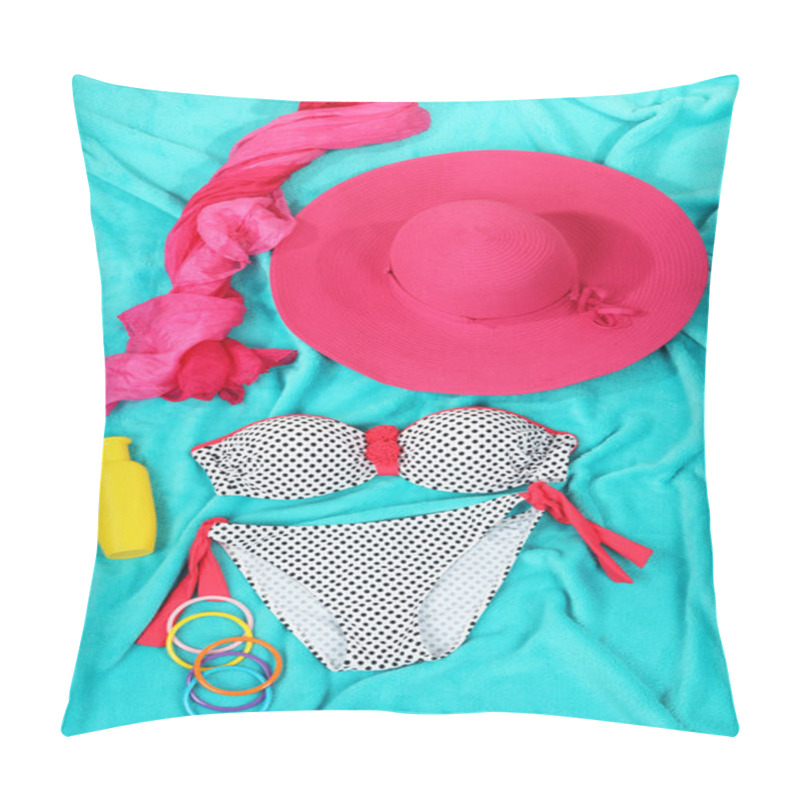 Personality  Swimsuit And Beach Items On Bright Blue Background Pillow Covers