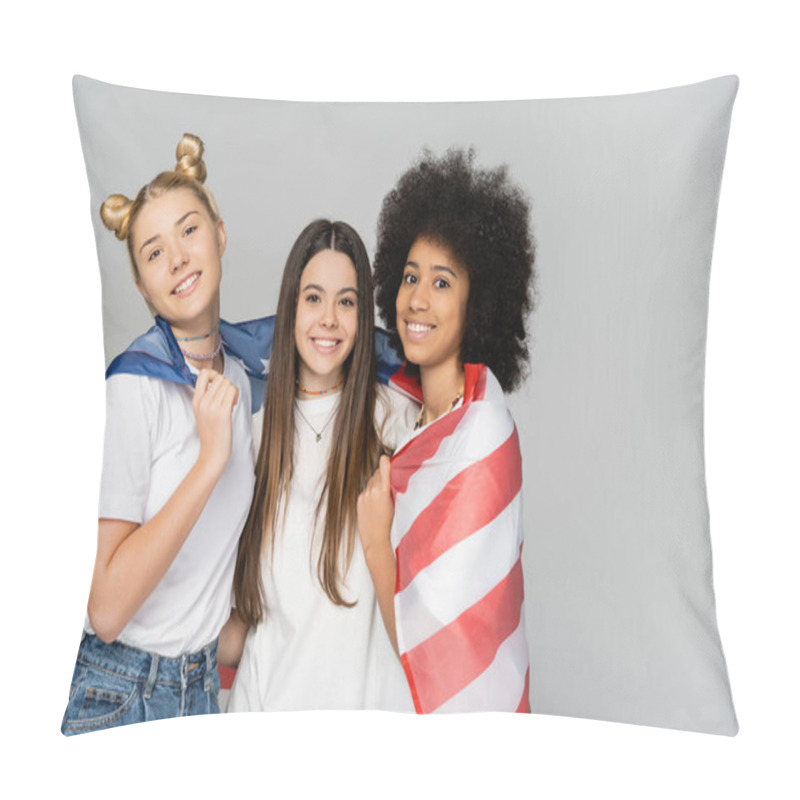 Personality  Portrait Of Positive And Multiethnic Teenage Girlfriends In White T-shirts Covering With American Flag And Looking At Camera Isolated On Grey, Energetic Teenage Friends Spending Time Pillow Covers