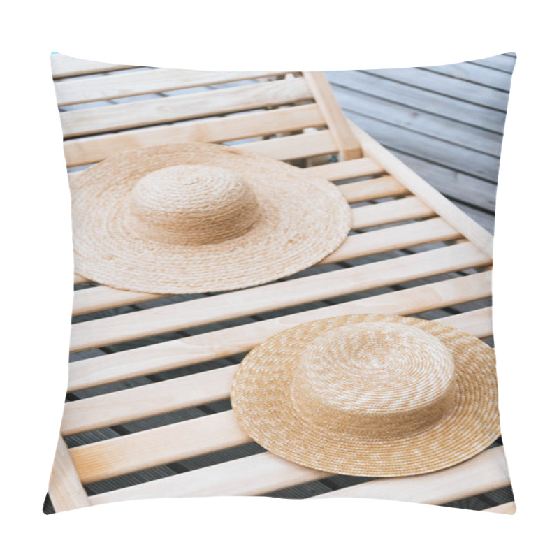 Personality  Two Stylish Wicker Hats On Chaise Lounge At Poolside Pillow Covers