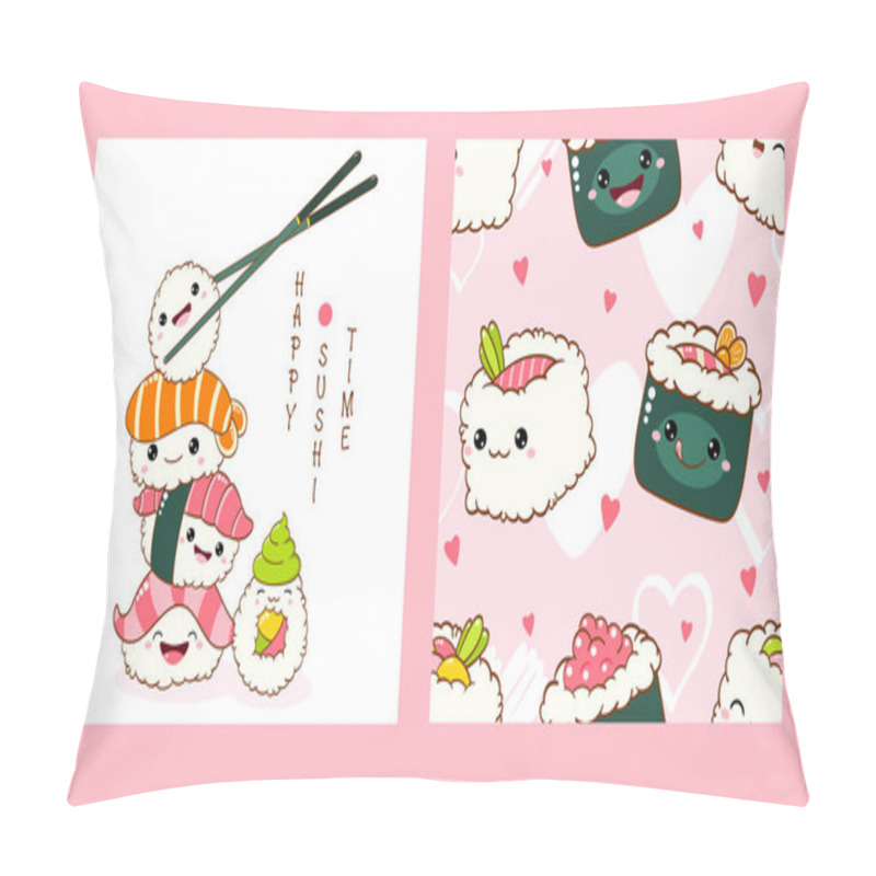 Personality  Set Of Seamless Pattern And One Print With Cute Sushi And Roll In Kawaii Style. Endless Texture Can Be Used For Textile Pattern Fills, T-shirt Design, Web Page Background. Vector Illustration EPS8 Pillow Covers