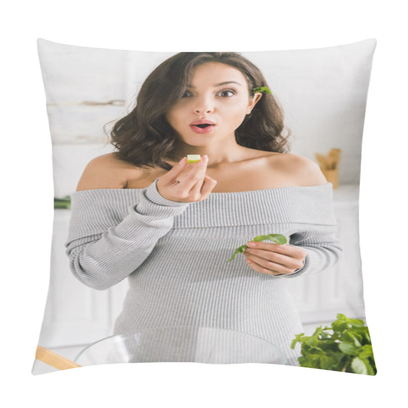 Personality  Surprised Girl Holding Fresh Apple Near Green Peppermint  Pillow Covers