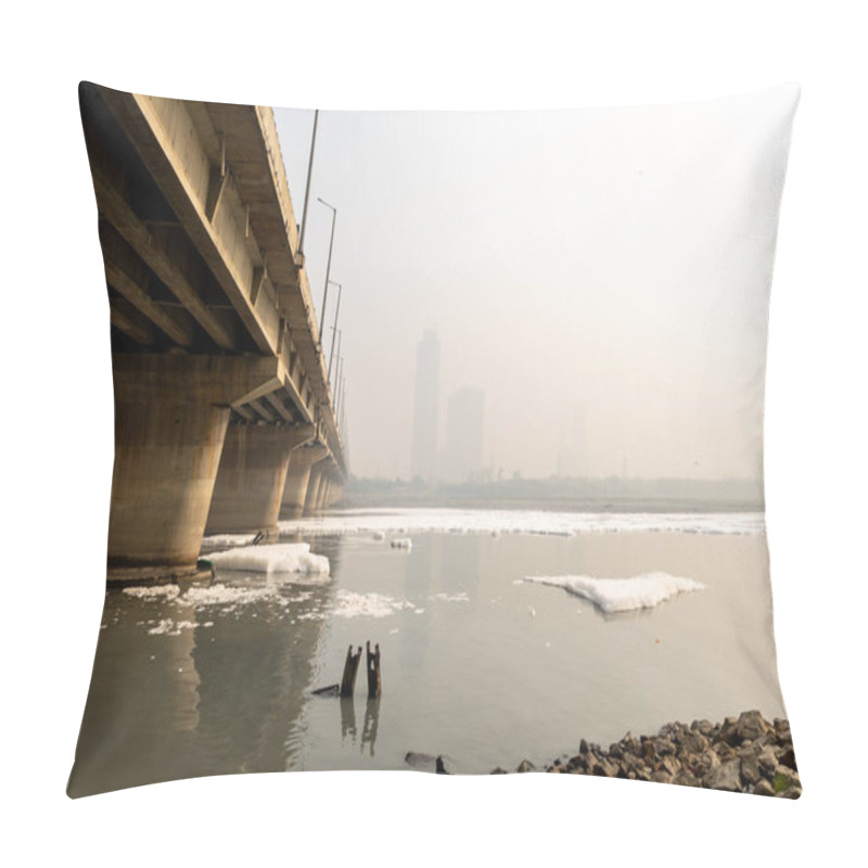 Personality  Industrial And Domestic Effluents Toxic Foam In Contaminated River With Bridge Near Foggy City Image Is Taken At Yamuna River Okhla Barrage Delhi India. Pillow Covers