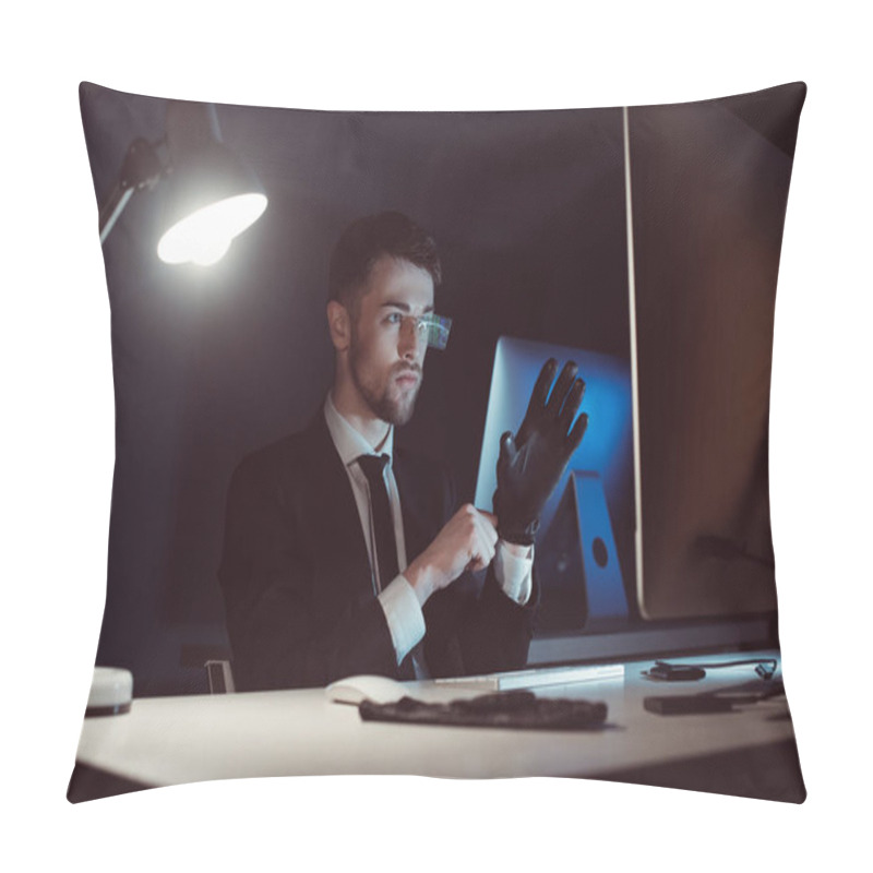 Personality  Portrait Of Hacker Wearing Gloves While Looking At Computer Screen At Table In Dark Pillow Covers