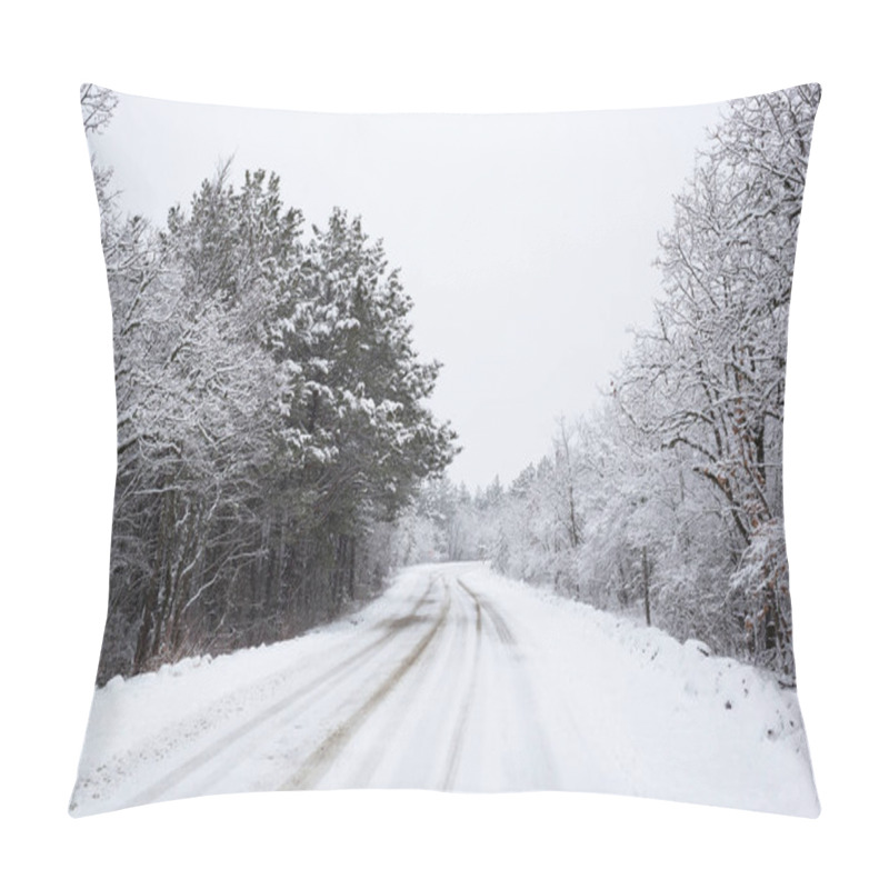 Personality  Beautiful Snow Landscape: Car Road Through The Forest. Pillow Covers