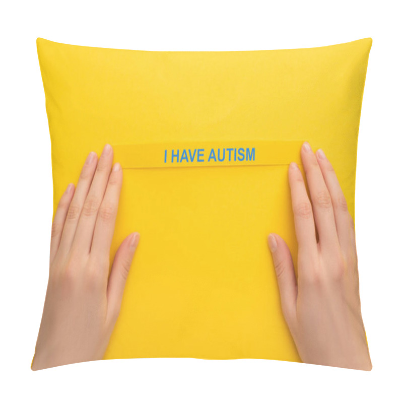 Personality  Partial View Of Woman Holding Bracelet With I Have Autism Inscription On Yellow Pillow Covers