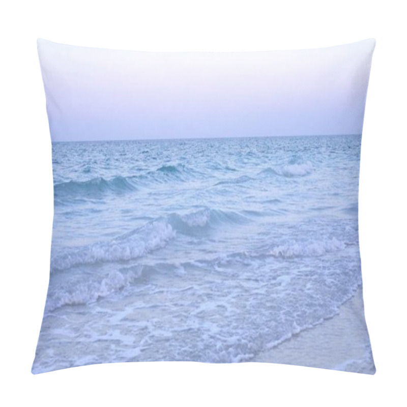 Personality  Soft Blue Ocean Waves Edged In White Foam Glide Gently Onto Golden Sand As Sky Begins To Lighten, Capturing Serene Stillness Of Early Hours Before Sunrise. Early Peace Concept. Pillow Covers