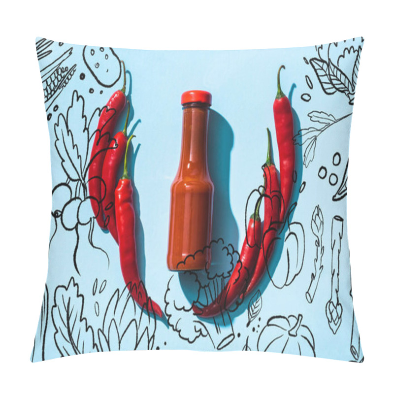 Personality  Top View Of Chili Sauce In Bottle Between Chili Peppers On Blue Background, Vegetables Illustration Pillow Covers