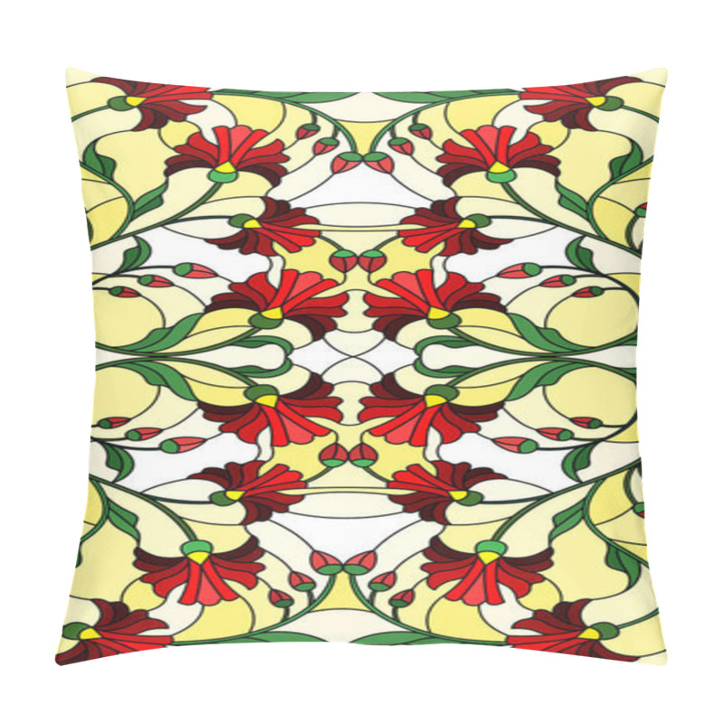 Personality  Illustration In Stained Glass Style With  Red Flowers, Leaves And Buds  On A Yellow Background, Symmetrical Image, Vertical Orientation Pillow Covers