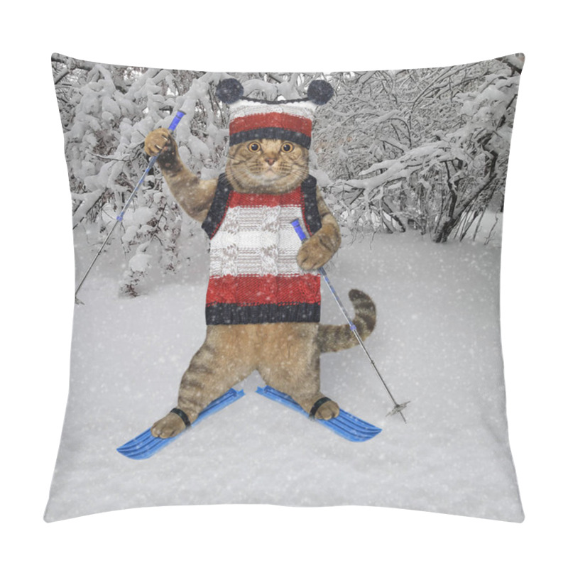 Personality  A Beige Cat Dressed In A Sweater And A Knitted Hat Is Skiing In The Winter Forest. Pillow Covers