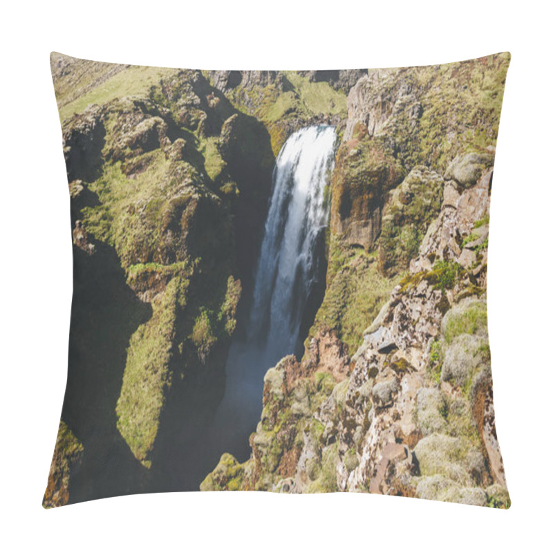 Personality  Aerial View Of Landscape With Skoga River And Mountain Under Bright Blue Sky In Iceland  Pillow Covers