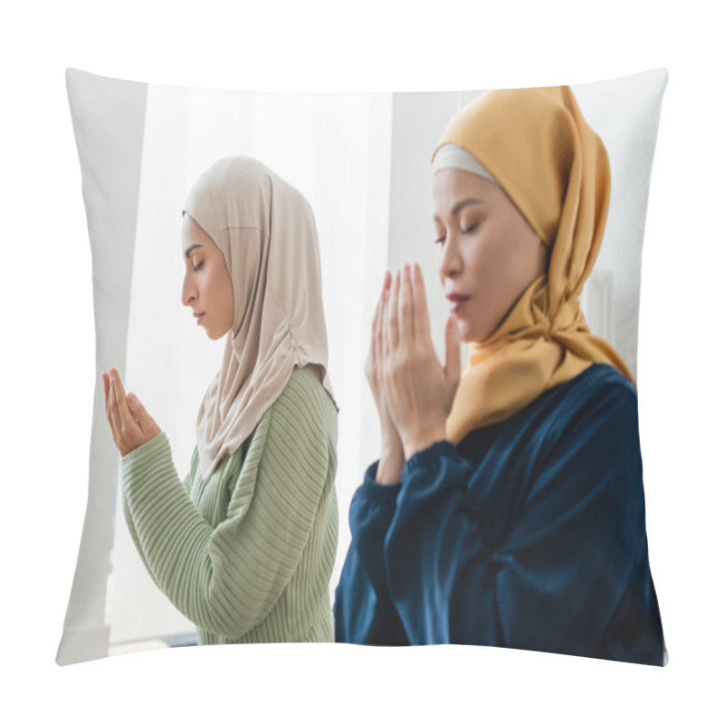 Personality  Young Arabian Woman Praying Near Blurred Asian Mom At Home  Pillow Covers