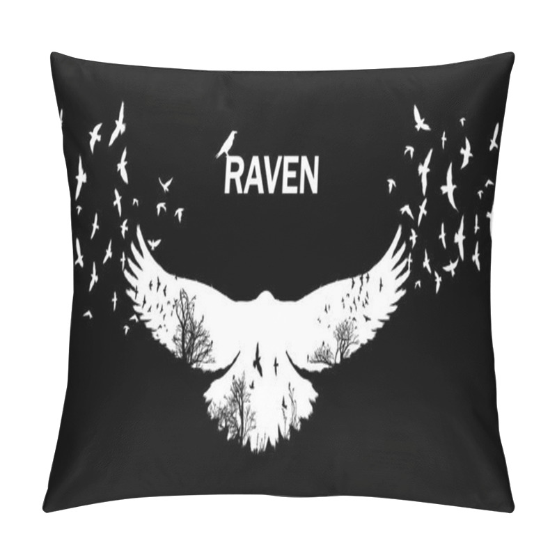 Personality  Vector Illustration Of The White Raven Silhouette With The Fluttering Wings On A Black Background Pillow Covers