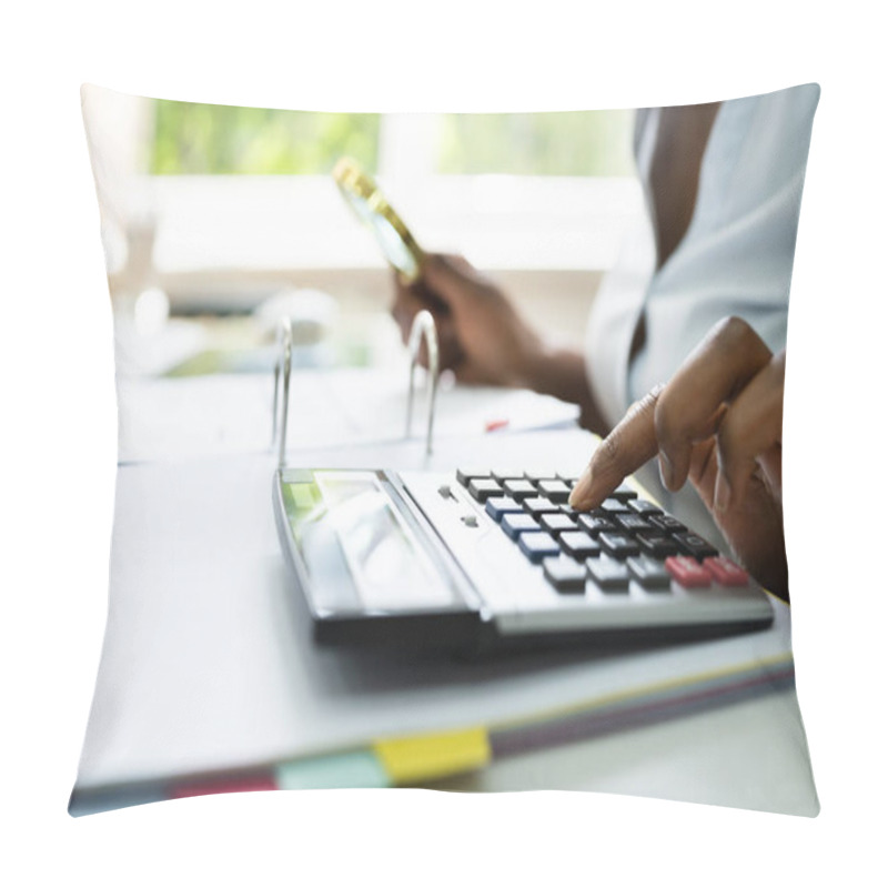 Personality  Auditor Investigating Business Fraud Using Magnifying Glass In Office Pillow Covers