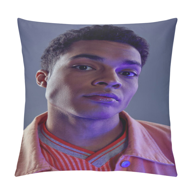 Personality  Portrait Of Handsome African American Man In Peach Shirt Looking At Camera On Grey With Blue Light Pillow Covers