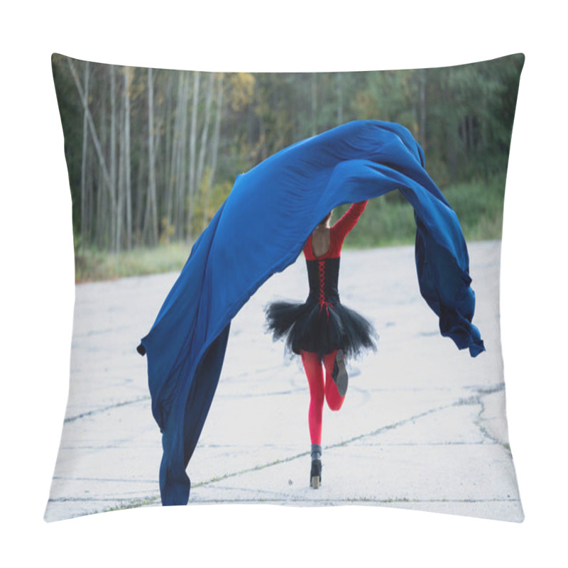 Personality  A Cheerful, Beautiful Young Woman In Motion, Wearing Red And Black Clothes With A Blue Cape: A Play Of Colors And Halloween Fun Pillow Covers