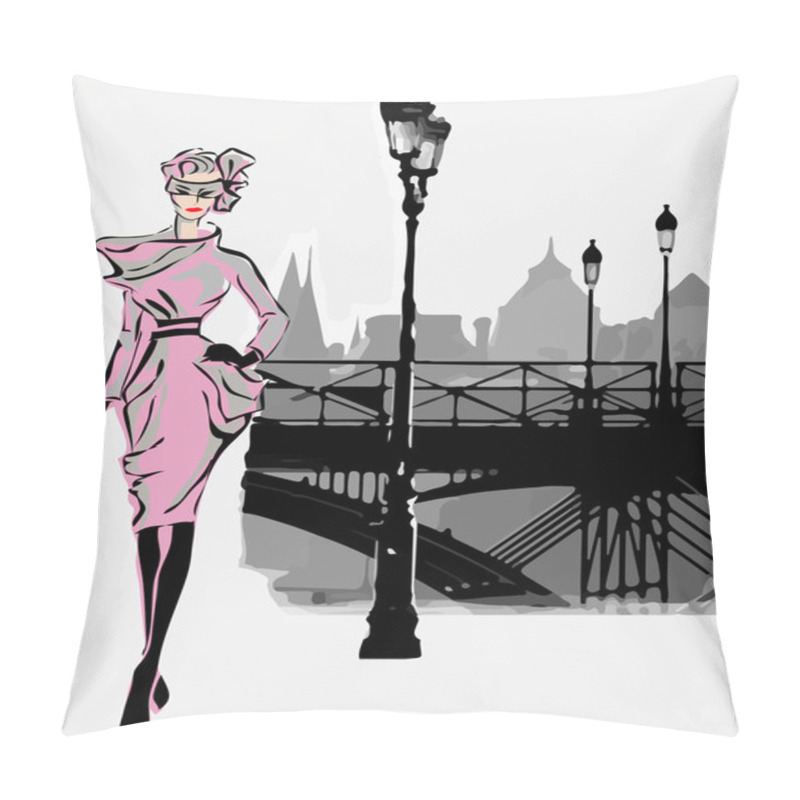 Personality  Fashion Models In Sketch Style Fall Winter With Paris City Background Pillow Covers