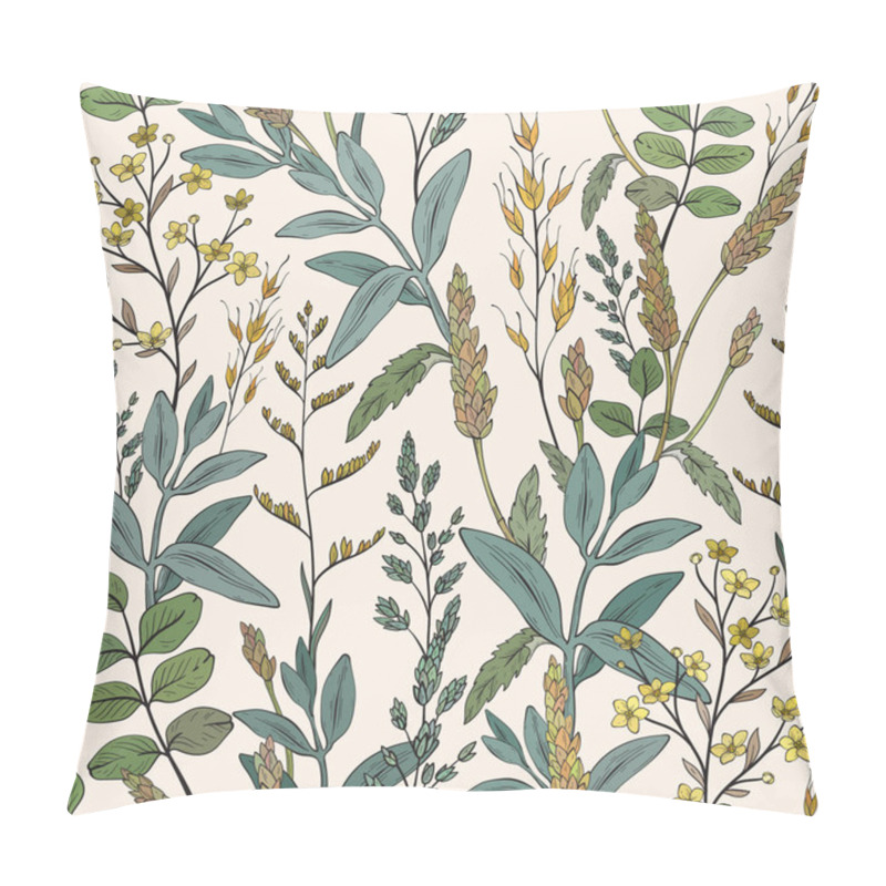 Personality  Seamless Pattern With Green Wild Herbs, Wheat Spikelets. Hand Drawn Vector Illustration Pillow Covers