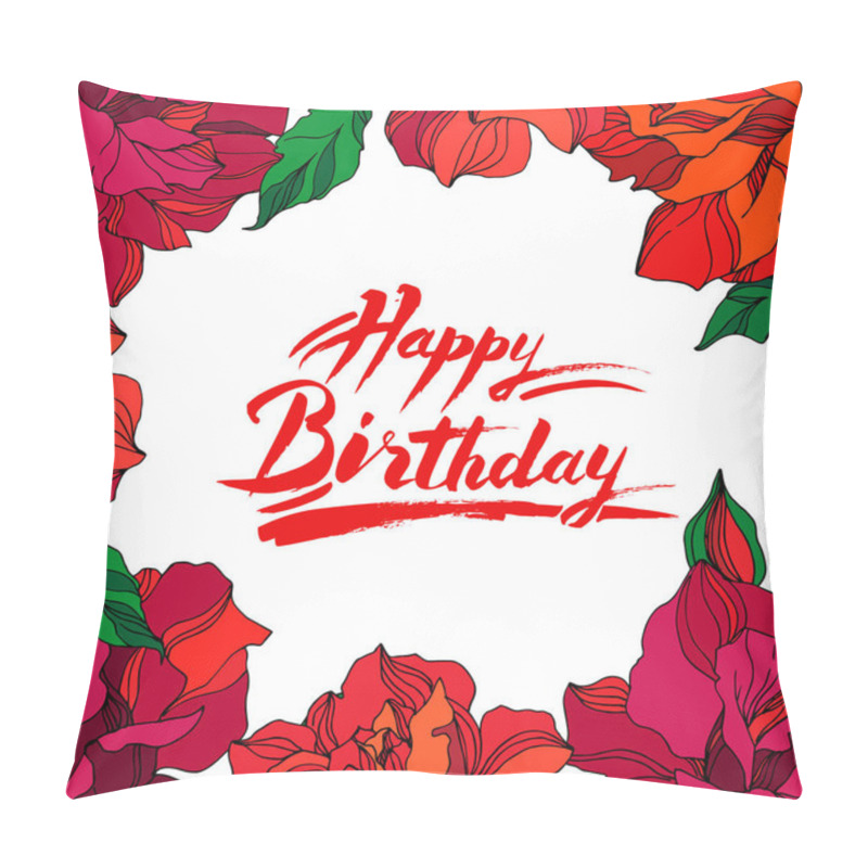 Personality  Vector Rose Floral Botanical Flowers. Green Ahd Red Engraved Ink Art. Frame Border Ornament Square. Pillow Covers