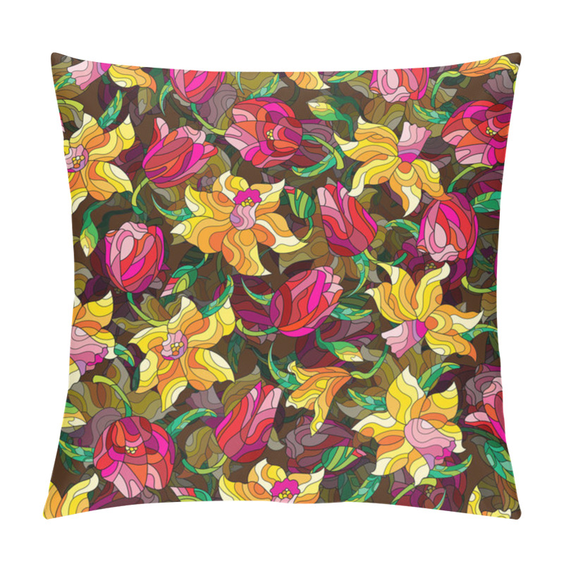 Personality  Seamless Background With Spring Flowers In Stained Glass Style, Flowers, Buds And Leaves Of Daffodils And Tulips Pillow Covers