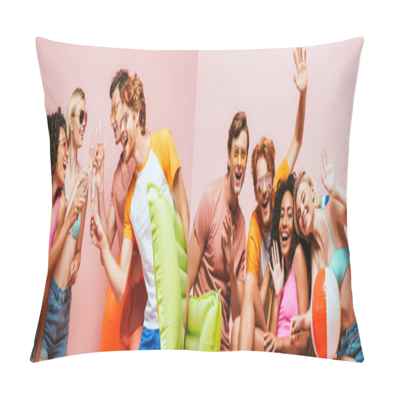 Personality  Collage Of Multicultural Friends Clinking Champagne Glasses And Waving Hands On Pink, Horizontal Image Pillow Covers