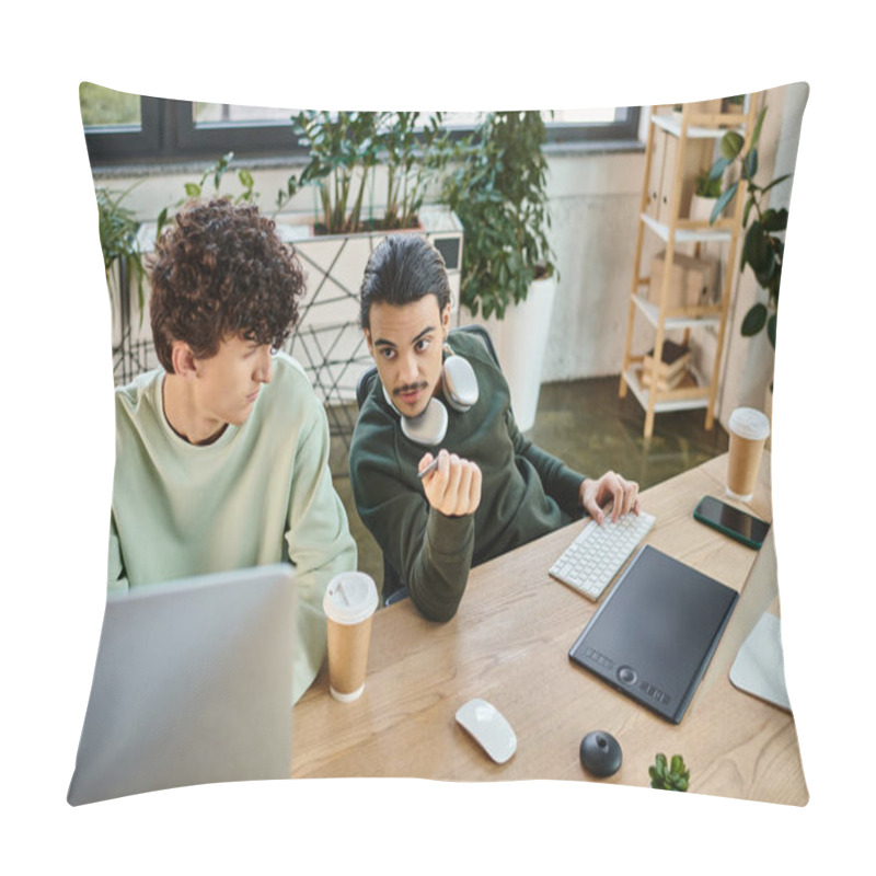 Personality  Coworkers Collaborating On Retouching Tasks In Post-production Office, Men In 20s Creating Startup Pillow Covers