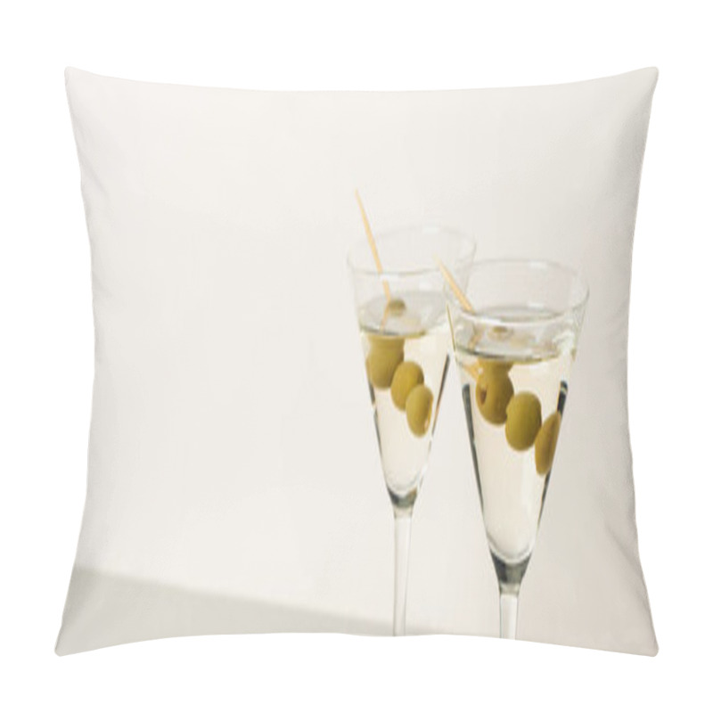 Personality  Two Glasses Of Cocktails With Olives Isolated On White Background, Panoramic Shot Pillow Covers