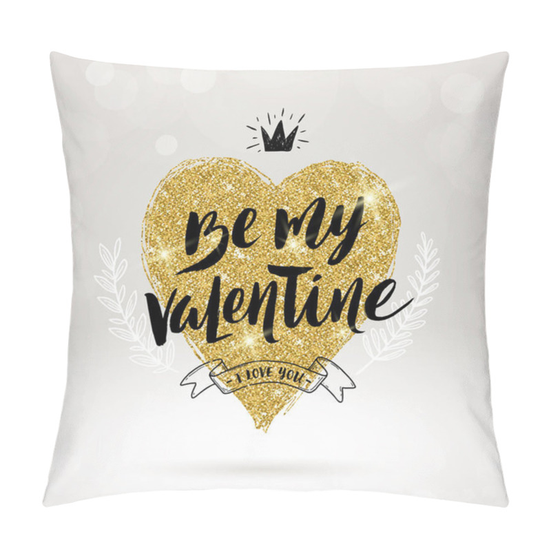 Personality  Valentine's Day Hand Drawn Calligraphy, Doodle Elements And Glitter Gold Heart. Vector Illustration. Pillow Covers