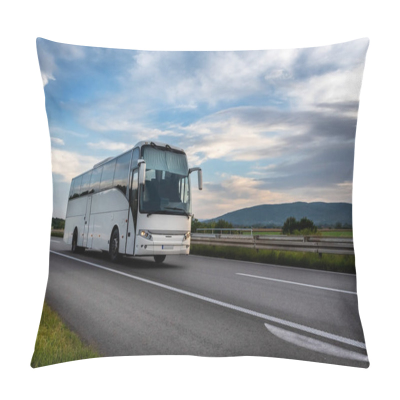 Personality  White Modern Comfortable Tourist Bus Driving Through Highway At Bright Sunny Sunset. Travel And Coach Tourism Concept. Trip And Journey By Vehicle Pillow Covers