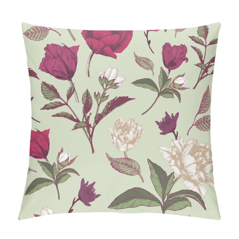 Personality  Vector Floral Seamless Pattern With Roses, Tulips And Chrysanthemum Pillow Covers