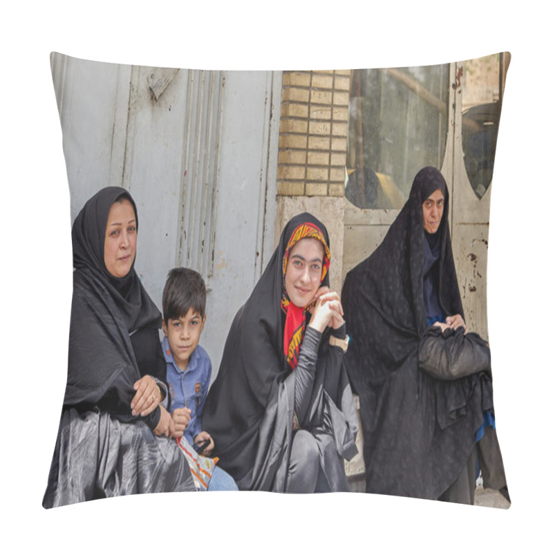 Personality  Muslim Women With Child Sitting At Bus Stop, Kashan, Iran. Pillow Covers