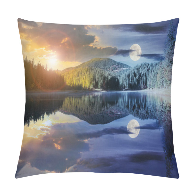 Personality  Day And Night Time Change Concept Above Mountain Lake Among The Forest. Trees In Colorful Foliage. Beautiful Landscape In Autumn. Clouds And Sky With Sun And Moon Reflecting In The Water Pillow Covers