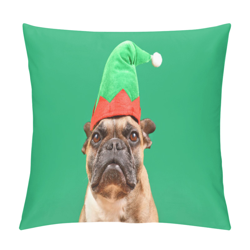 Personality  French Bulldog Dog Dressed Up With Christmas Elf Costume Hat In Front Of Green Background Pillow Covers