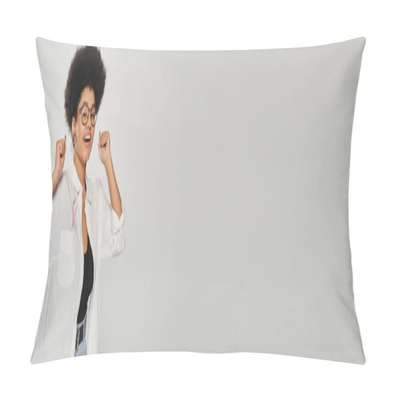 Personality  Excited African American Woman With Ribbon Of Breast Cancer Awareness Isolated On Grey, Banner Pillow Covers