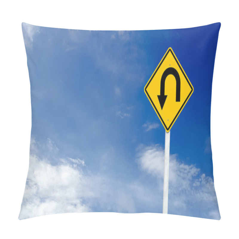 Personality  Yellow Warn Sign With Left U Turn Arrow On Blue Sky Background Pillow Covers