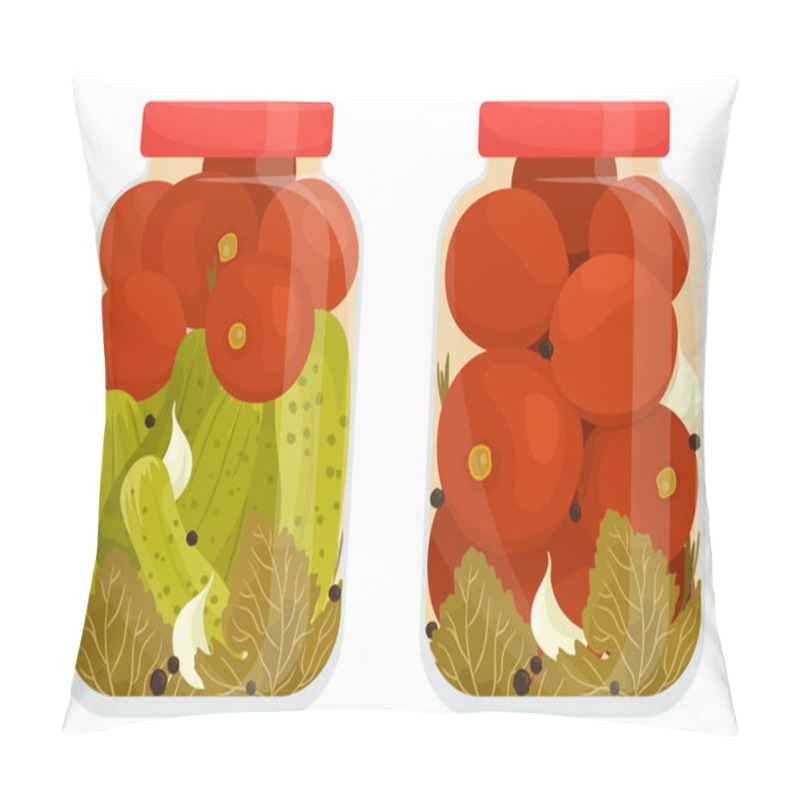 Personality  Tomato Pickles And Cucumbers In Jars. Canned Vegetables. Vector Isolates In Realistic Style On A White Background. Pillow Covers