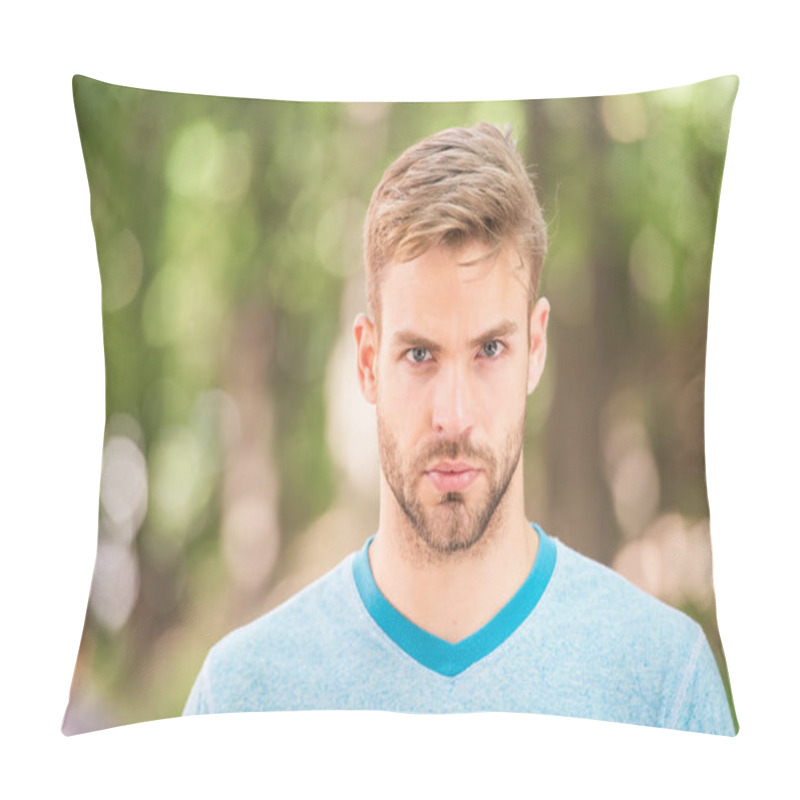 Personality  Charming Confidence. Blond Man. Man With Unshaved Mustache And Beard Hair With Stylish Haircut. Handsome Man In Casual Tshirt On Blurred Natural Background. Caucasian Man On Summer Day Pillow Covers