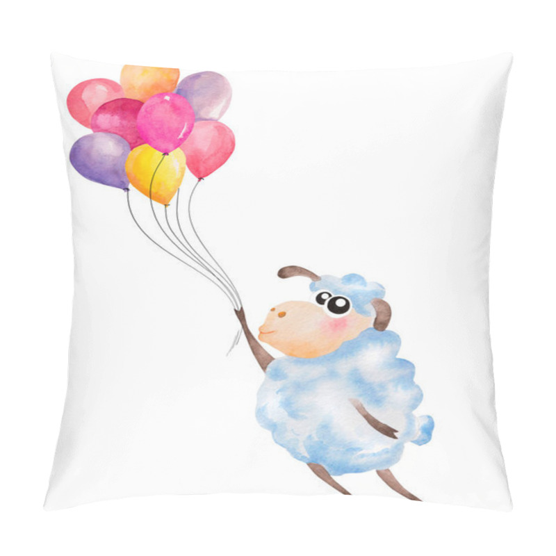 Personality  Watercolor Cute Cartoon Sheep Flying With Air Balloons. Hand Drawn Illustration, Can Be Used For Kid's Or Baby's Shirt Design, Fashion Print Design. Happy Birthday Greeting Card Pillow Covers