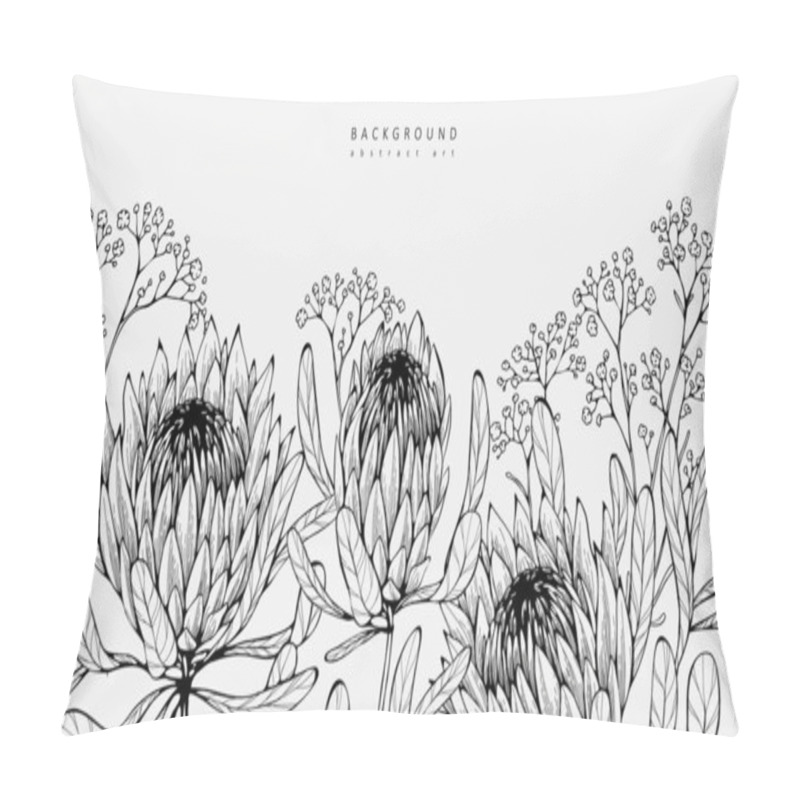 Personality  Luxury Botanical Background With Trendy Greenery And Protea Flowers For Wall Decoration Or Wedding. Hand Drawn Line Herb, Elegant Leaves For Invitation Save The Date Card. Botanical Rustic Trendy Greenery Vector Pillow Covers