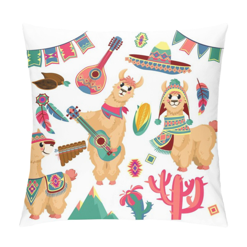 Personality  Cute Llamas. Funny Alpaca Animal In Mexican Clothes With Guitar, Mountains, Cactus And Festive Flag Garland, Chile Traditional Pattern Vector Set Pillow Covers